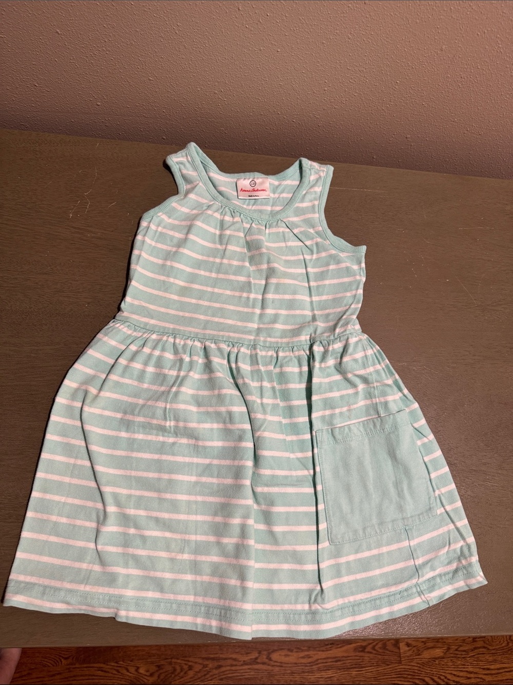 Hanna Andersson Mint and White Striped Sleeveless Pocket Dress size 110 (5)